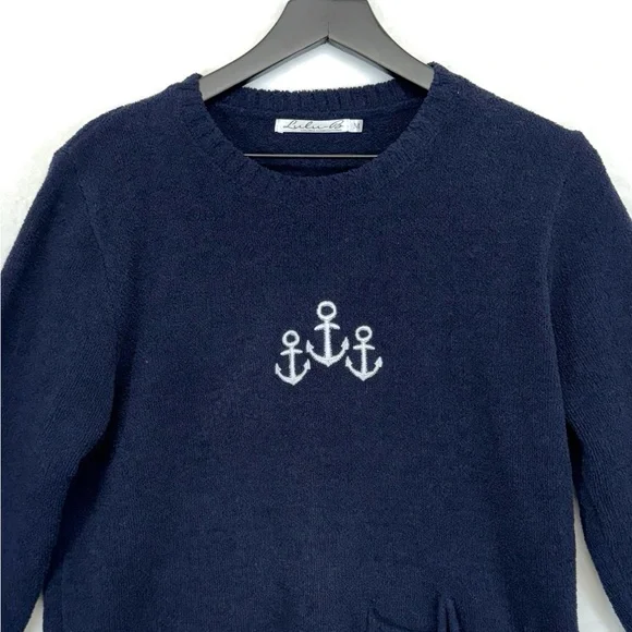 LULU B Sweater Womens Medium Blue White Nautical Anchor Coastal Pullover Beachy - Picture 5 of 8